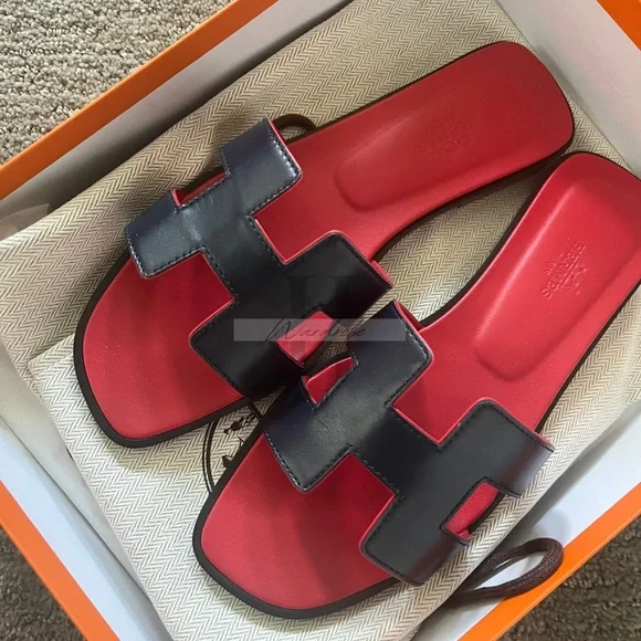 Hermes | Shoes | Hermes Navy Blue Red Oran Sandals Summer  display picture 3